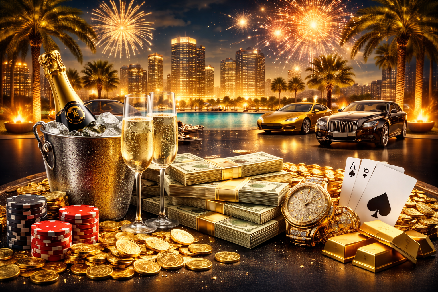 Luxury casino banner with gold lights, chips, cash, cards, cars, and fireworks